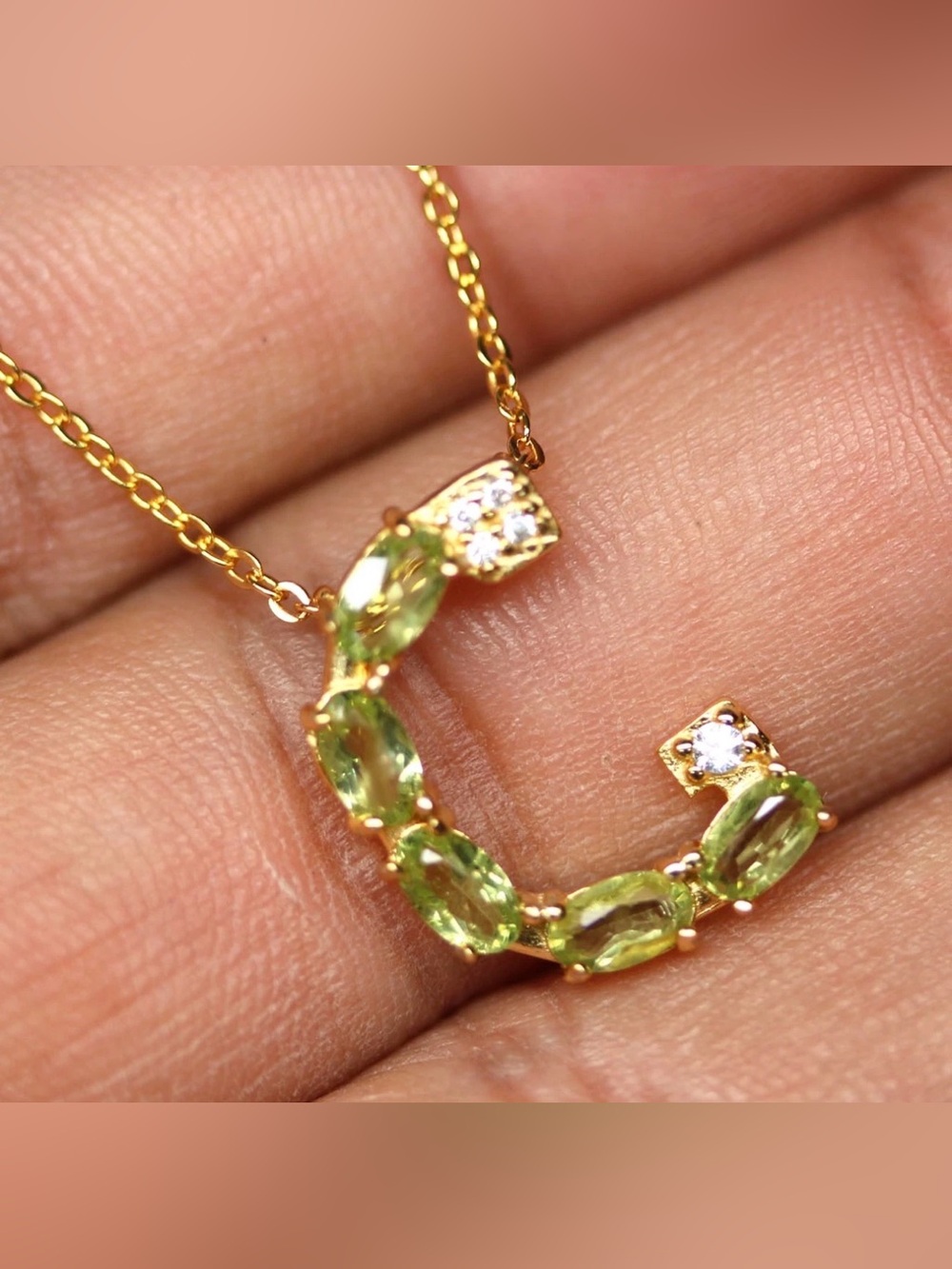 18K Gold initial “C” Pendant Necklace Natural Green Peridot with Zircon Accent